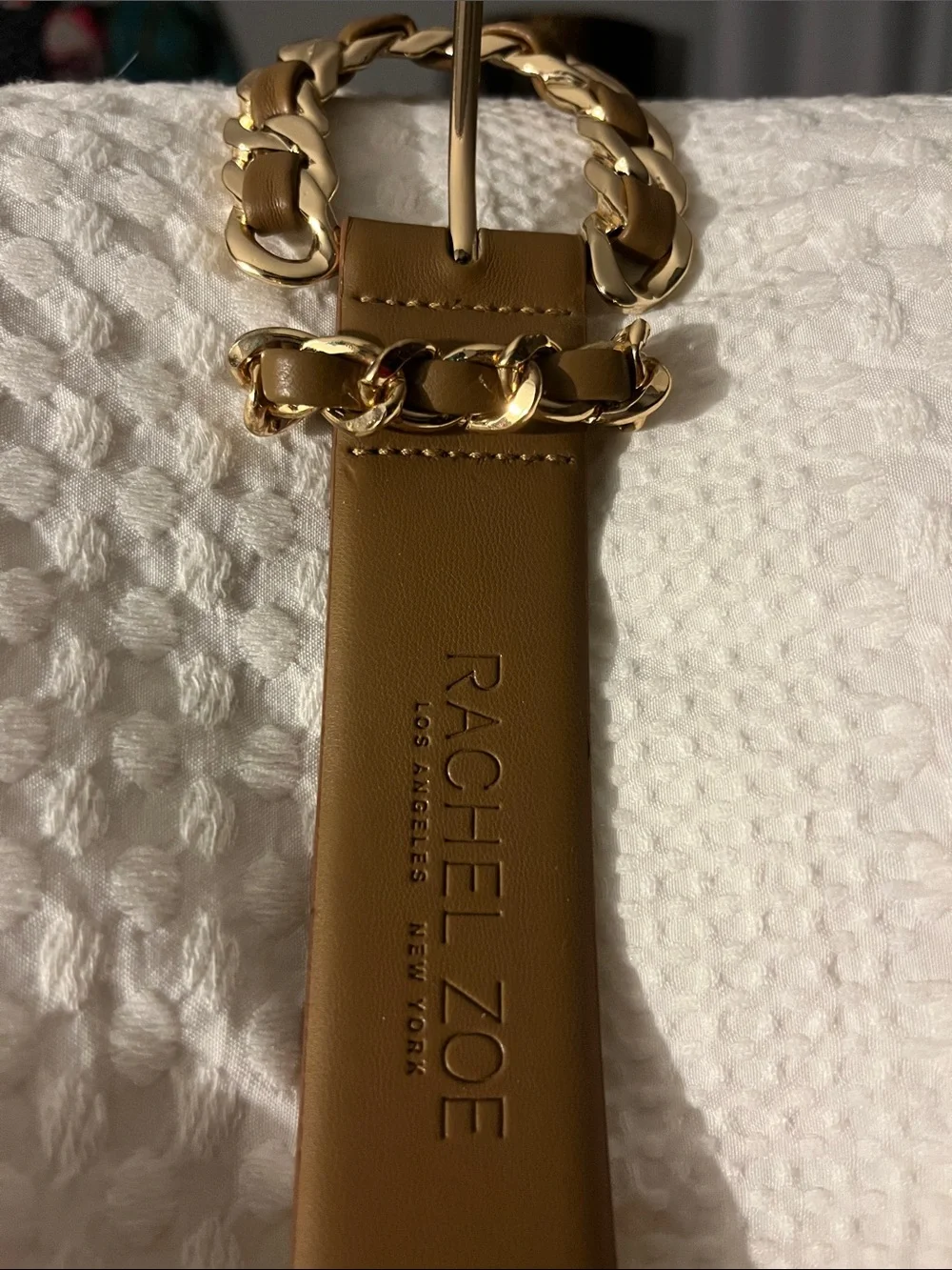 Rachel Zoe Gold Chain-Link Buckle Camel Leather Belt